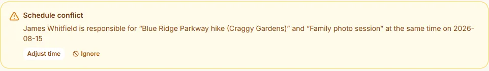 A schedule-conflict panel: James Whitfield is responsible for “Blue Ridge Parkway hike (Craggy Gardens)” and “Family photo session” at the same time on 2026-08-15, with Adjust time and Ignore buttons.
