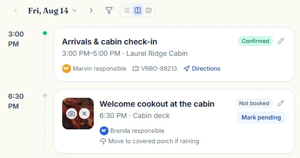 An itinerary timeline for Friday, August 14: 3:00 PM “Arrivals & cabin check-in”, 3:00 PM–5:00 PM at Laurel Ridge Cabin, marked Confirmed, with Marvin responsible, reservation VRBO-88213 and a Directions link; then 6:30 PM “Welcome cookout at the cabin”, marked Not booked, with Brenda responsible and the note “Move to covered porch if raining”.