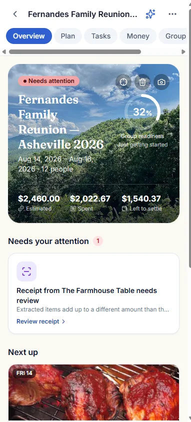 The same plan on a phone: the photo hero with the readiness ring and the three money figures, then the “Needs your attention” card about the receipt that does not reconcile.