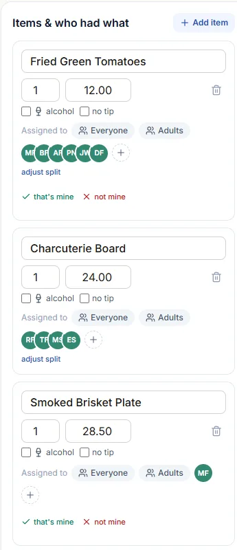 A receipt open for review: rows for Fried Green Tomatoes $12.00, Charcuterie Board $24.00 and Smoked Brisket Plate $28.50, each with alcohol and no-tip checkboxes, Everyone and Adults shortcuts, and a stack of diner avatars showing who the item is assigned to.
