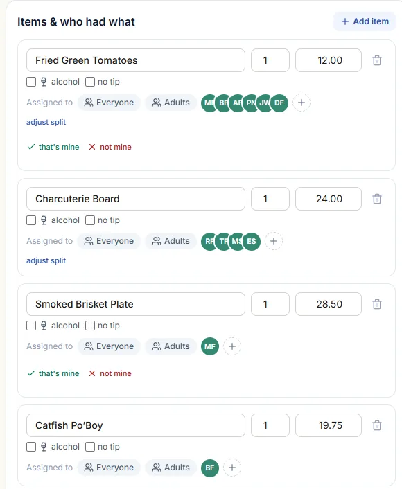 A receipt open for review: rows for Fried Green Tomatoes $12.00, Charcuterie Board $24.00 and Smoked Brisket Plate $28.50, each with alcohol and no-tip checkboxes, Everyone and Adults shortcuts, and a stack of diner avatars showing who the item is assigned to.